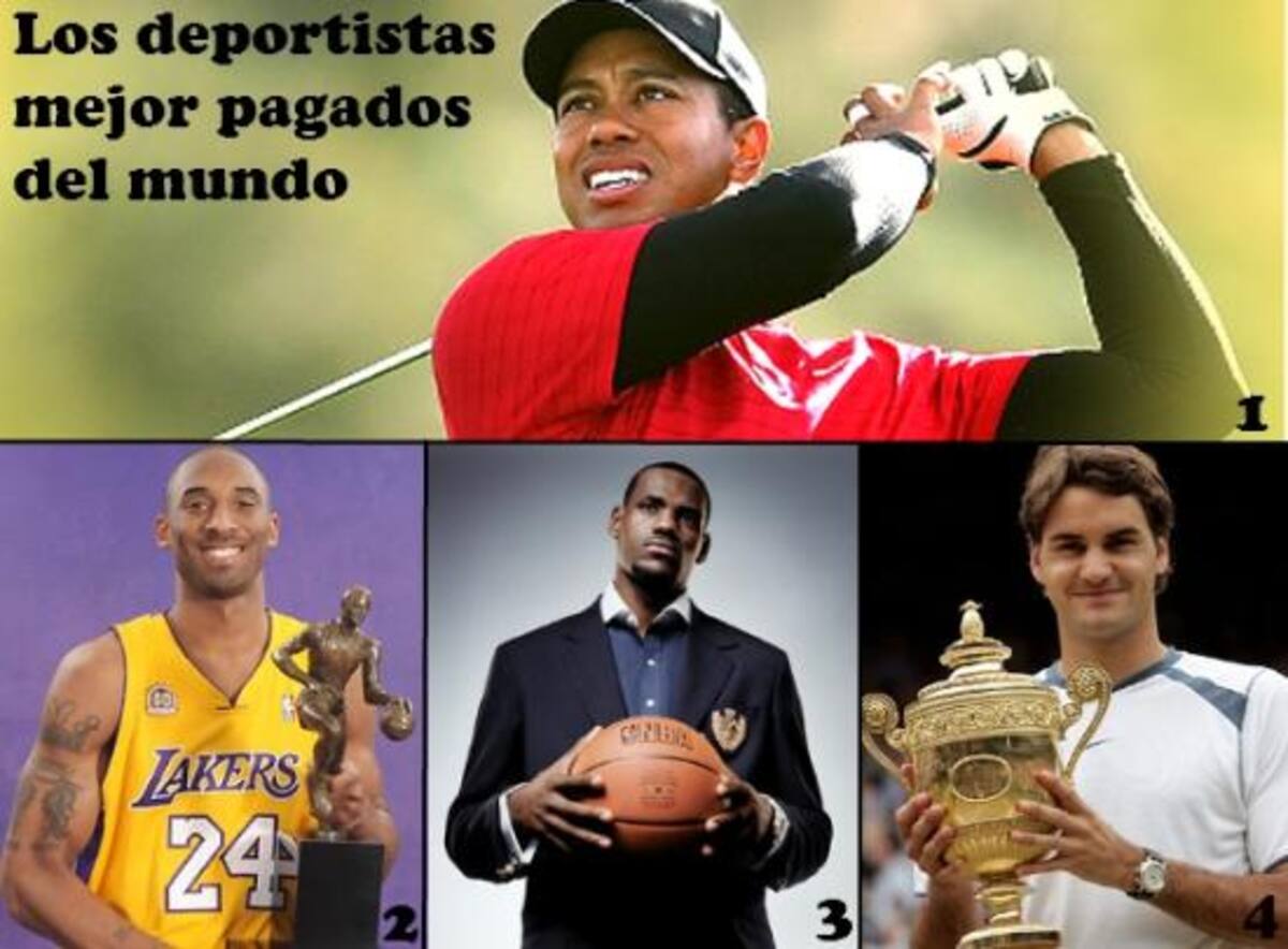 1.- Tiger Woods lidera la lista con 75 millones de dólares obtenidos en los últimos 12 meses tanto por su trabajo, como por publicidad y otros ingresos.2.- Le siguen el jugador de baloncesto en la NBA Kobe Bryant, con 53 millones de dólares.
3.- En tercer lugar, el también jugador de baloncesto LeBron James, con 48 millones. 
4.- El tenista Roger Federer ocupa el 4º puesto de los deportistas con mejor sueldazo, unos 47 millones de dólares. 

