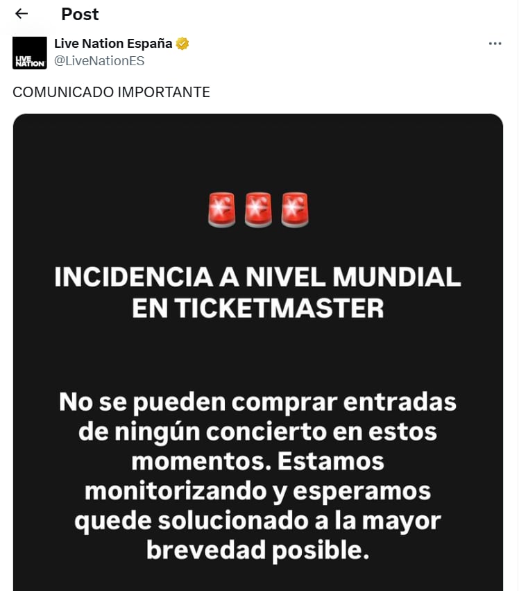 Comunicado caída mundial de Ticketmaster.