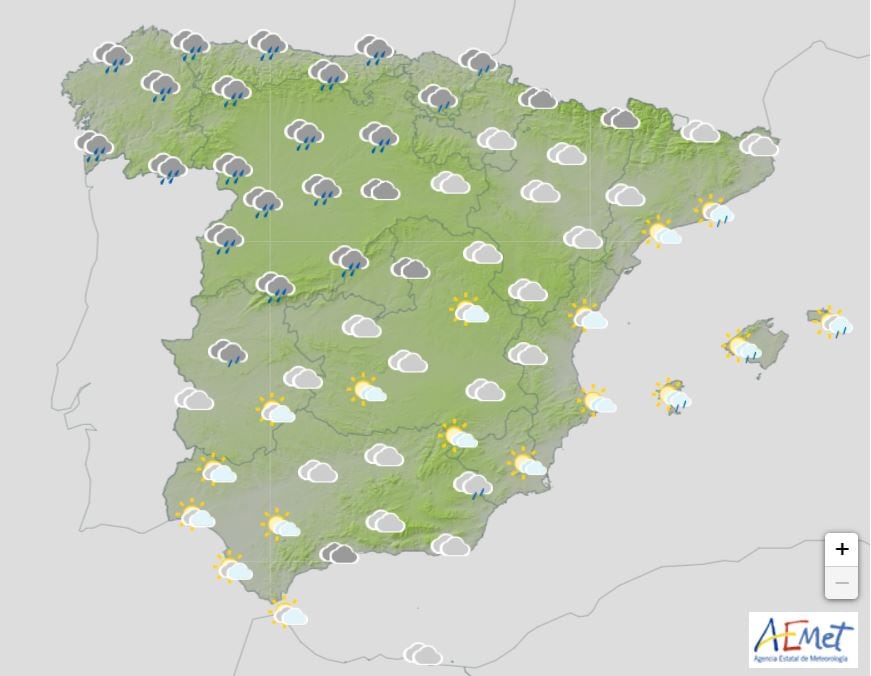 Mapa de previsión de el tiempo de la Aemet para el domingo 15.