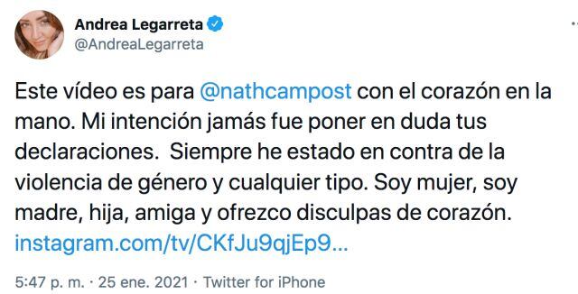 Andrea Legarreta se disculpa con Nath Campos