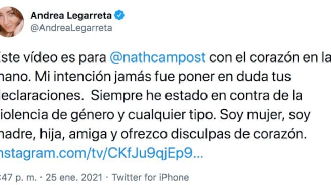 Andrea Legarreta se disculpa con Nath Campos