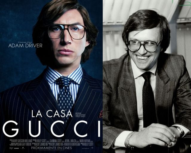 A la izquierda, cartel promocional de &#039;La Casa Gucci&#039; con Adam Driver / A la derecha, Maurizio Gucci durante una reunión como presidente de la firma Gucci