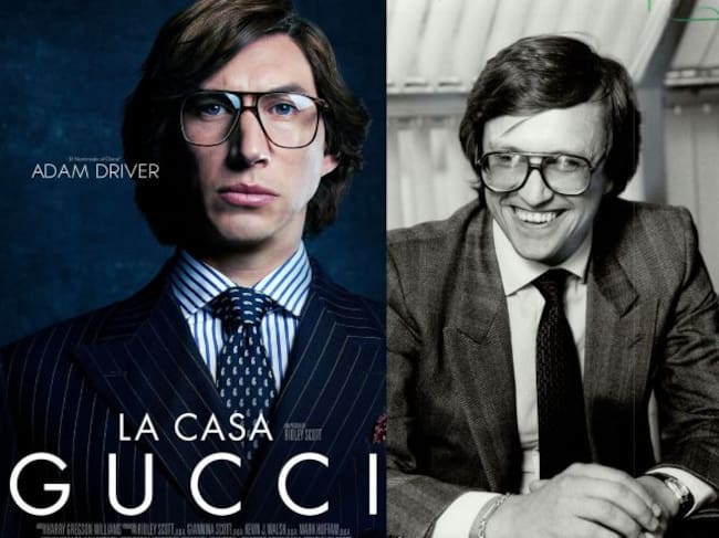 A la izquierda, cartel promocional de 'La Casa Gucci' con Adam Driver / A la derecha, Maurizio Gucci durante una reunión como presidente de la firma Gucci