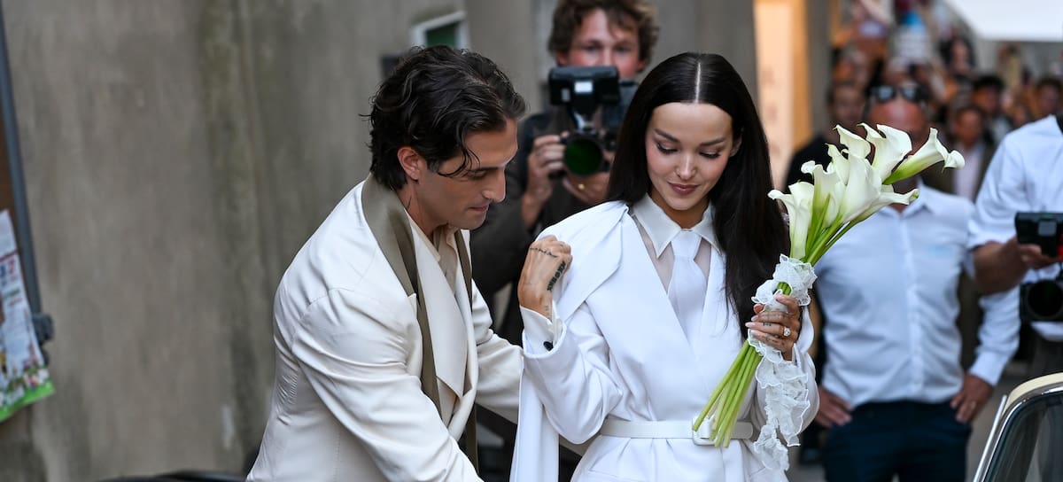 Damiano David y Dove Cameron tras contraer matrimonio en Montalcino, 24 de septiembre de 2026.