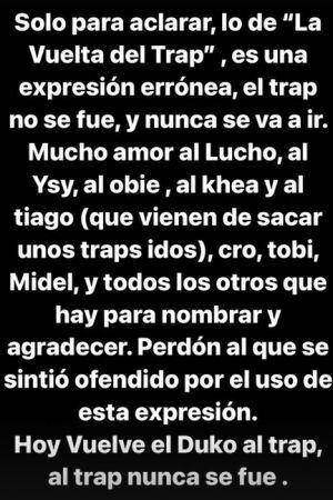 Mensaje de Duki en historias