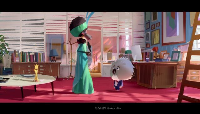 Uno de los concept art de la película, con Nana Noodleman y Buster Moon.