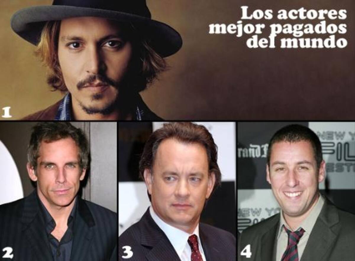 1.- Jonnhy Depp es el actor con mayor sueldazo de Hollywood:  75 millones de dólares. 
2.- Por su parte, Ben Stiller tiene un sueldazo de 53 millones de dólares. 

3.- Tom Hanks. Las ganancias del actor de "Forrest Gump" son de 45 millones de dólares. 

4.- Con su productora, como actor, escritor y compositor Adam Sandler ha obtenido ganancias de 40 millones de dólares. 