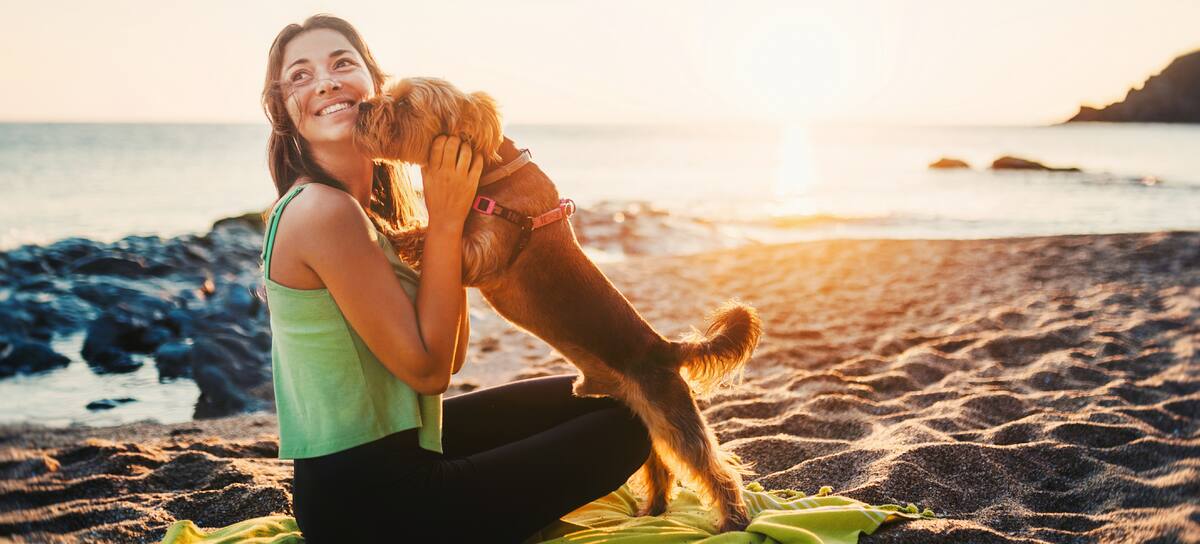Un perro y su dueña disfrutan de un atardecer juntos en la playa.
