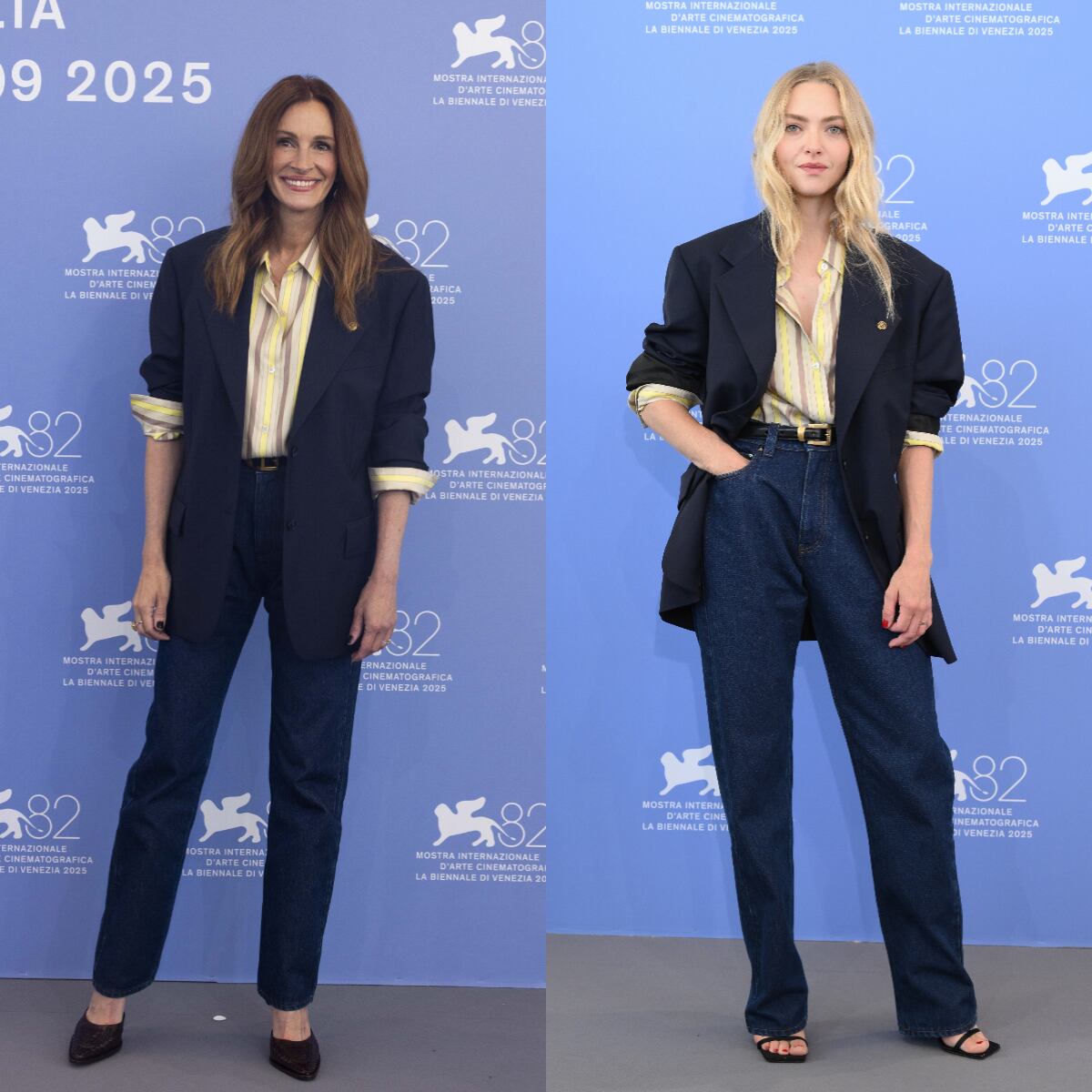 Ambas actrices lucieron no solo al mismo diseñador, llegaron a la alfombra con el mismo look, idéntico. ¿Estrategia de marketing del nuevo diseñador de Versace, Dario Vitale, o pura casualidad? Lo que sí sabemos es que tanto Amanda como Julia desfilaron impolutas en el festival. Julia protagoniza &#039;Caza de brujas&#039;, estrenada este año en el festival. (Fotos de: Primo Barol y Marilla Sicilia Via Getty Images)