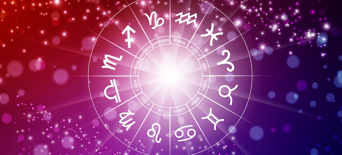 Zodiac signs inside of horoscope circle. Astrology in the sky with many stars and moons astrology and horoscopes concept
