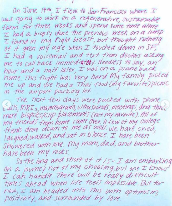 Miranda Mckeon compartió en una carta cómo fue que se enteró de su cáncer de mama