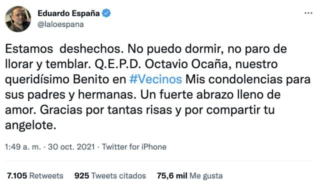 Lalo España manda condolencias a la familia de Octavio Ocaña