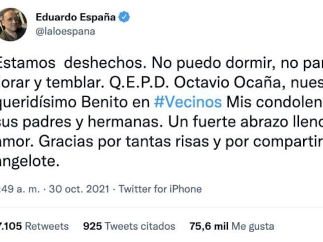 Lalo España manda condolencias a la familia de Octavio Ocaña