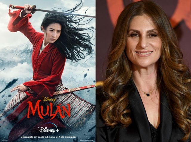 El cartel de Mulán y su directora, Niki Caro.