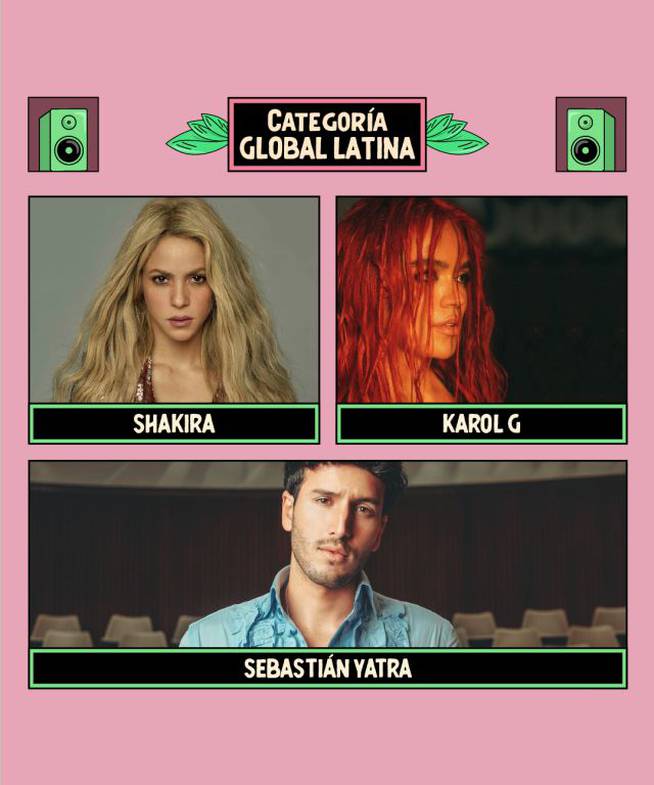 Shakira, Karol G y Sebastián Yatra, máximos nominadoas en la categoría Global Latina en LOS40 Music Awards 2022.